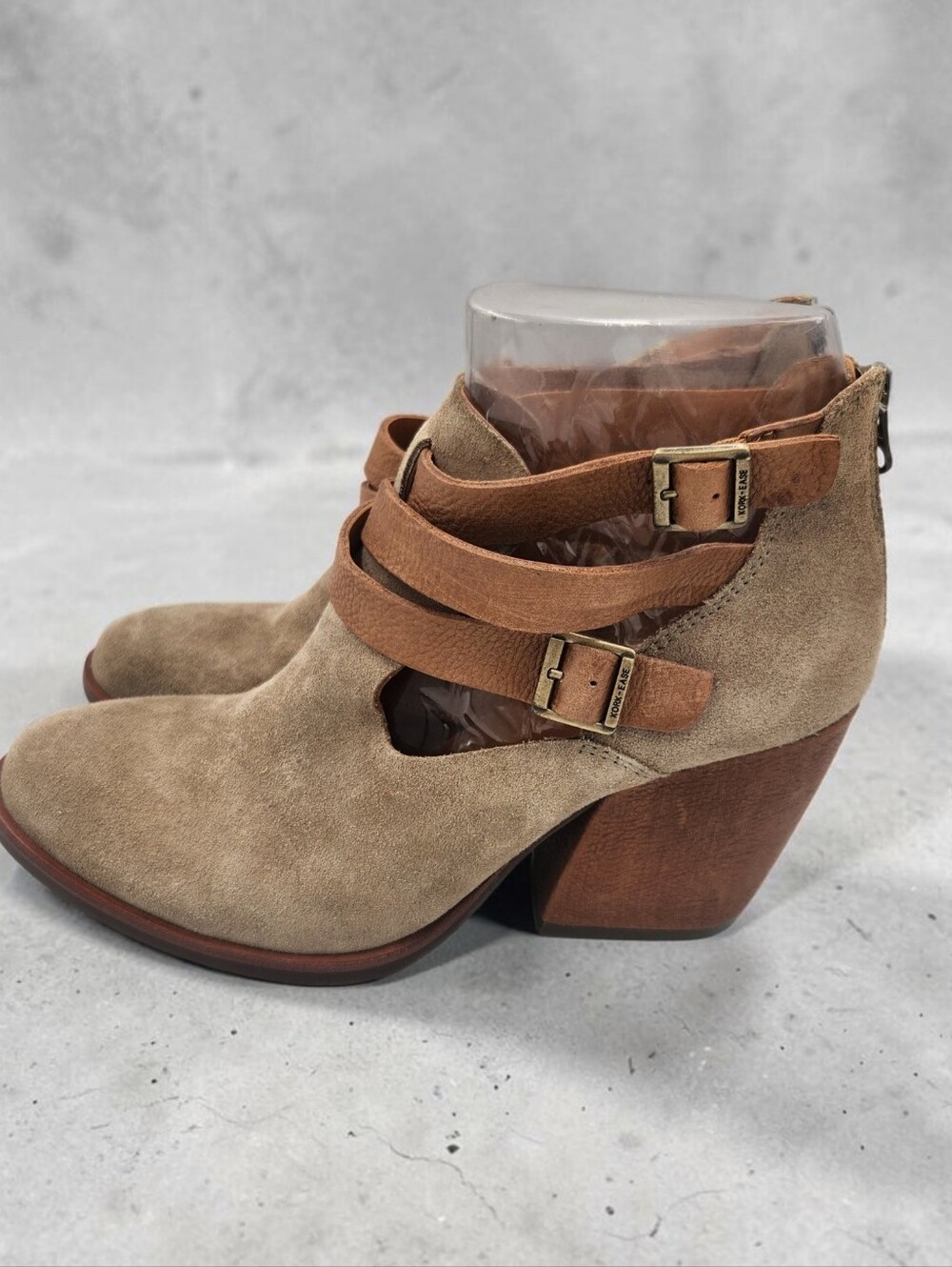 Kork Ease Stina HF Suede Buckle Strap Ankle Boots Tan Taupe Block Heel Womens